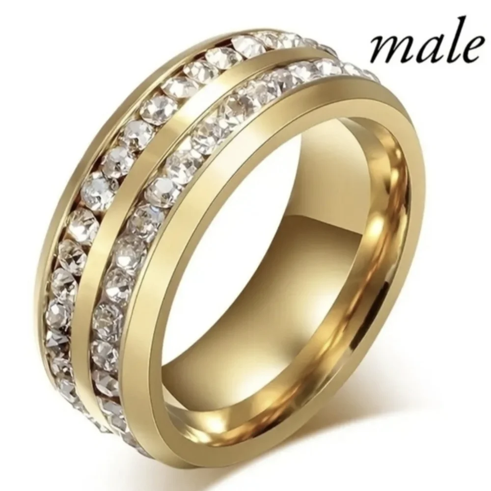 Men’s Gold Tone CZ Band Ring | Double Row Stone Ring | Wedding Band, T1B1A
